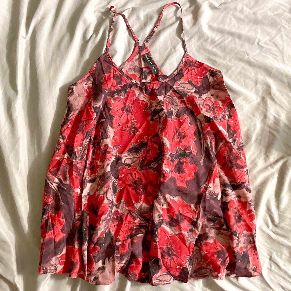ROCK & REPUBLIC Womens Purple/Red Sheer Adjustable SZ S Floral Tank Blouse Racer